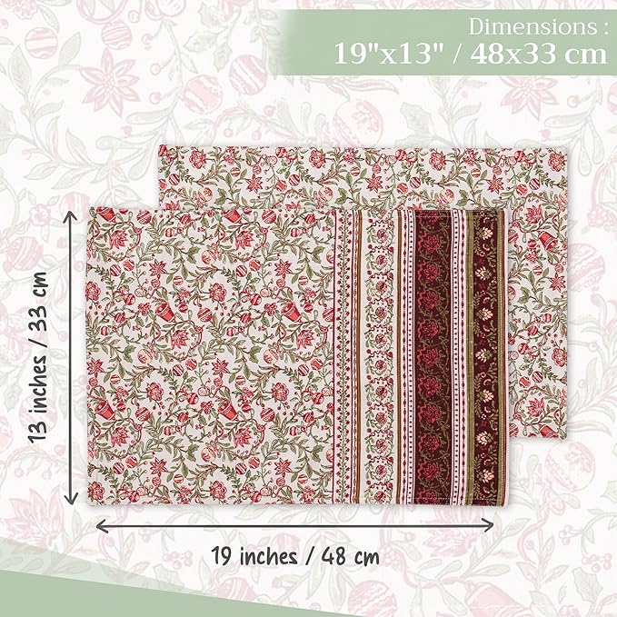 Maison d' Hermine Placemats Set of 4 100% Cotton Washable Cloth Place Mats, Reusable Table Mats for Kitchen Dining Decoration, Party, Wedding, Restaurant (Reveillon Au Jardin, 13" x 19")