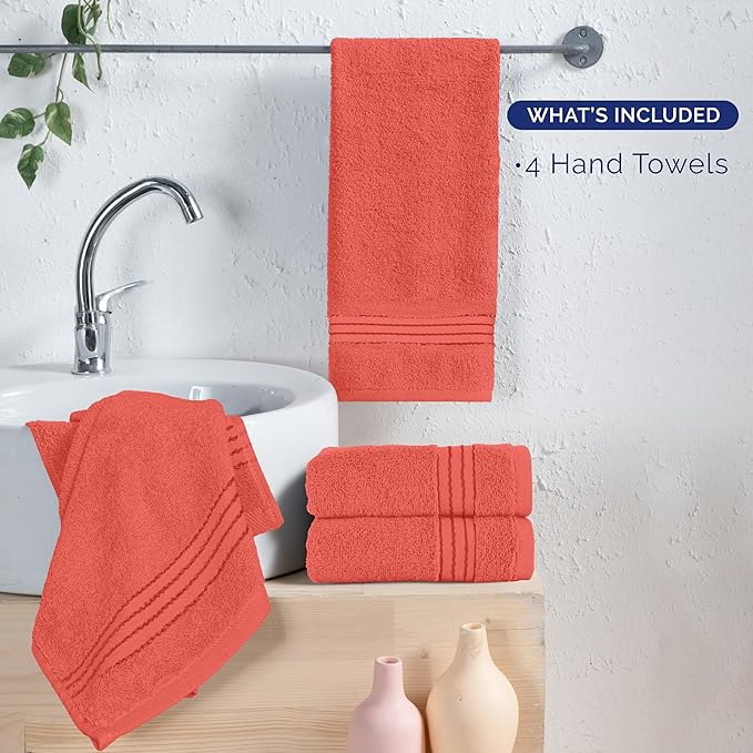 Elegant Comfort Premium Turkish Cotton 4 Pack Hand Towel Set - 16 x 28 inch, Luxurious Hotel Spa Quality 100% Turkish Cotton 4PC Hand Towel Set - Highly Absorbent - Soft Bathroom Towels, Coral