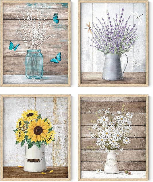 HAUS AND HUES Flower Wall Decor - Set of 4 Floral Wall Art, Floral Wall Decor, Flower Wall Art, Flower Painting with Frame, Floral Pictures Wall Decor, Flower Pictures Wall Decor (Beige Frame, 16x20)