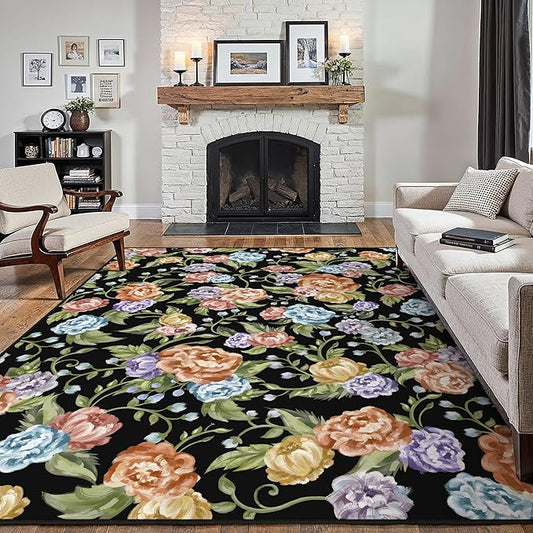 Black Area Rug 8x10 Floral Living Room Indoor Non Slip Bedroom Large Boho Carpet Washable Low Pile Soft Accent Rug for Office Dining Room Farmhouse