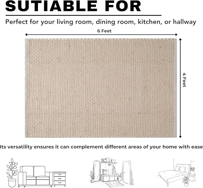 Bedding Craft Jute Cotton Matty Area Rug for Living Room 48x72 Inch - Natural - Machine Washable 4x6 Feet Rugs - 70% Jute and 30% Cotton