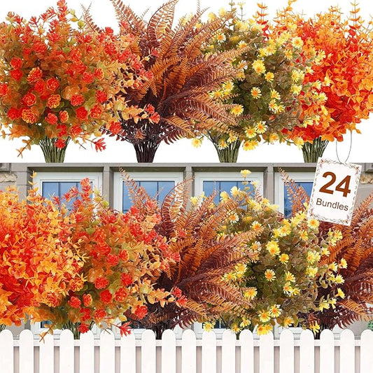 Ouddy Decor 24 Bundles Artificial Fall Flowers for Outdoor Decoration UV Resistant Fake Plastic Plants Faux Boston Fern for Autumn Indoor Outdoor Garden Patio Fireplace Window Box Kitchen Home Decor