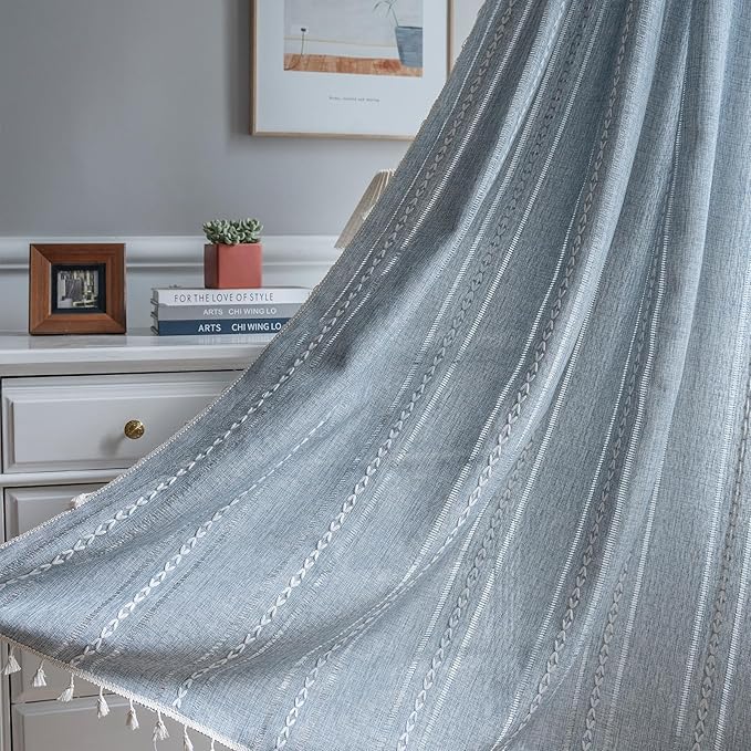 ColorBird Boho Curtains for Bedroom, 96 inch Blue Striped Room Darkening Linen Curtains & Drapes, 2 Panels Embroidered Window Curtain Panels for Dining Living Room Nursery Doorways
