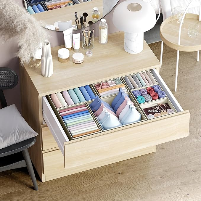 Drawer Organizer Clothes Set of 12 Beige - Dresser Organizer For Nursery, Bedroom, Closet - The Perfect Baby Clothes Organizers and Storage & General Nursery Organization or Dresser Drawer Organizers
