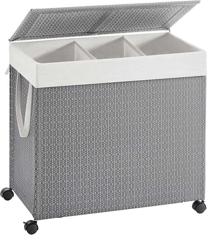 SONGMICS HOME Laundry Hamper with 3 Section, Large 140 L Rolling Laundry Basket with Wheels, Rattan Clothes Basket with Lid, Removable Liner with Handles, Dove Gray and Matte White ULCB602G01