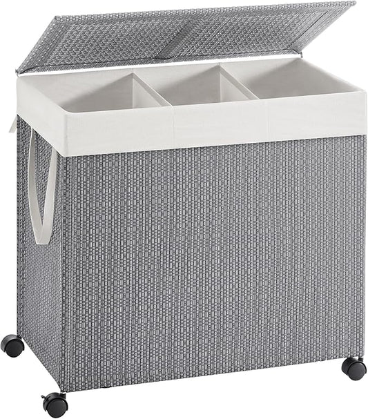 SONGMICS HOME Laundry Hamper with 3 Section, Large 140 L Rolling Laundry Basket with Wheels, Rattan Clothes Basket with Lid, Removable Liner with Handles, Dove Gray and Matte White ULCB602G01