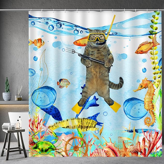 Funny Cat Shower Curtains for Bathroom - Sea Ocean Animal Underwater Tropical Fish Coral Seahorse Fun Bath Shower Curtain Set with 12 Hooks for Adults Kids Bathroom Decor Accessories, 72"x72"