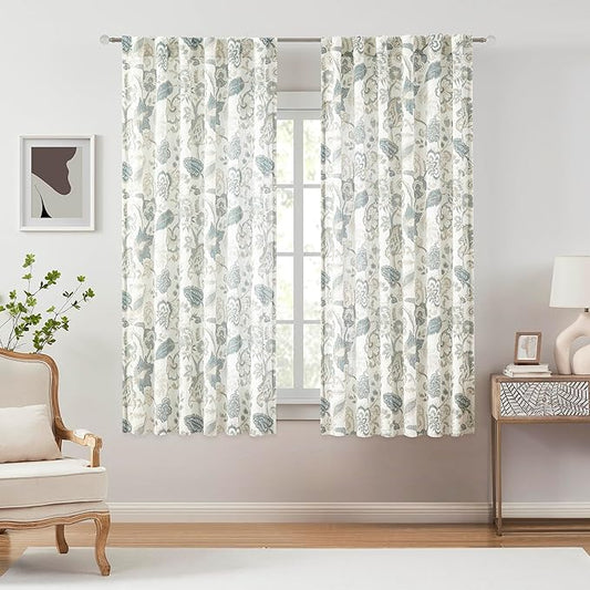 Kayne Studio Botanical Print Semi Sheer Curtains Blue Grey Floral Leaf Farmhouse Linen Curtain Drapes Light Filtering Window Treatments for Living Room Bedroom Rod Pocket Back Tab,52"x63",2 Panels