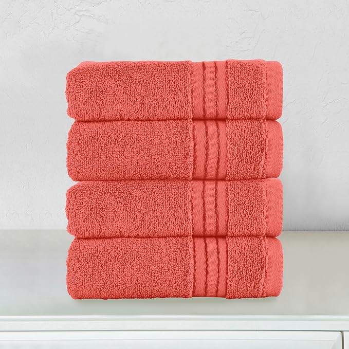 Elegant Comfort Premium Turkish Cotton 4 Pack Hand Towel Set - 16 x 28 inch, Luxurious Hotel Spa Quality 100% Turkish Cotton 4PC Hand Towel Set - Highly Absorbent - Soft Bathroom Towels, Coral