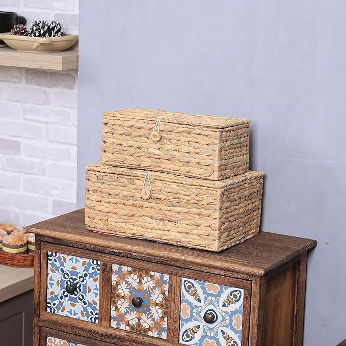 Set of 2 Rectangular Wicker Storage Bins with Lid, Multipurpose Organizer Rattan Display Boxes for Shelf Organizer, Boho Wicker Box for Home Decoration