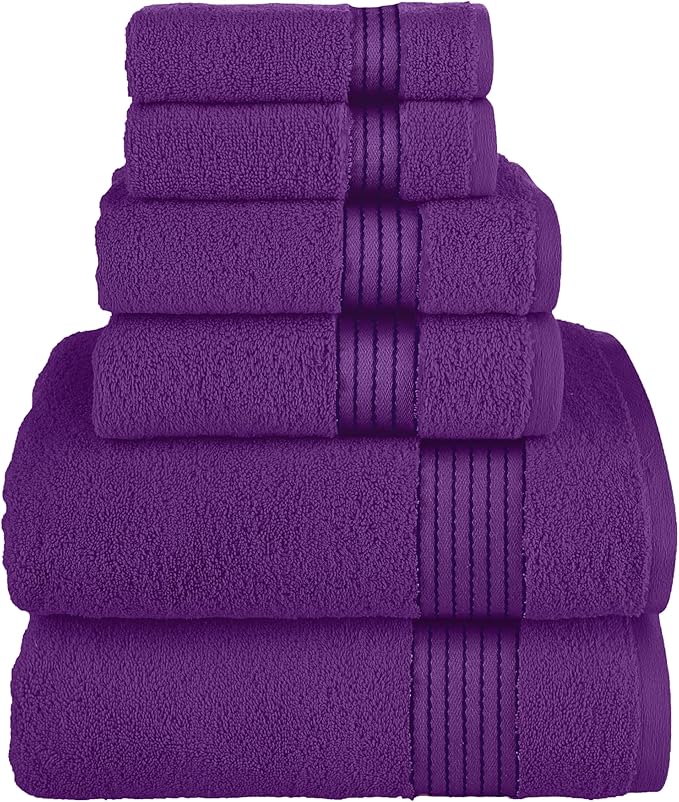 Elegant Comfort Premium Cotton 6-Piece Towel Set, Includes 2 Washcloths, 2 Hand Towels and 2 Bath Towels, 100% Turkish Cotton - Highly Absorbent and Super Soft Towels for Bathroom, Purple