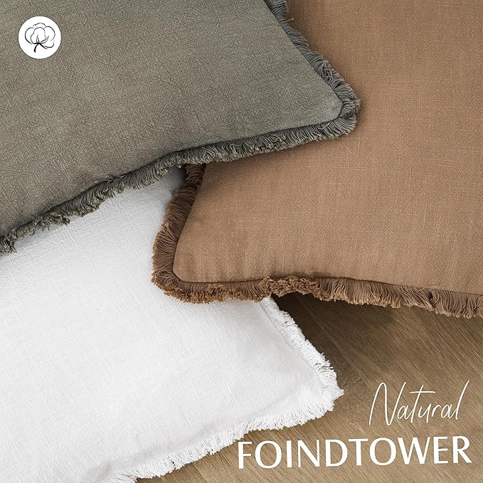 Foindtower Set of 2 Decorative Linen Fringe Throw Pillow Covers Cozy Boho Farmhouse Cushion Cover with Tassels Soft Accent Pillowcase for Couch Sofa Bed Living Room Home Decor, 26×26 Inch, Cream White