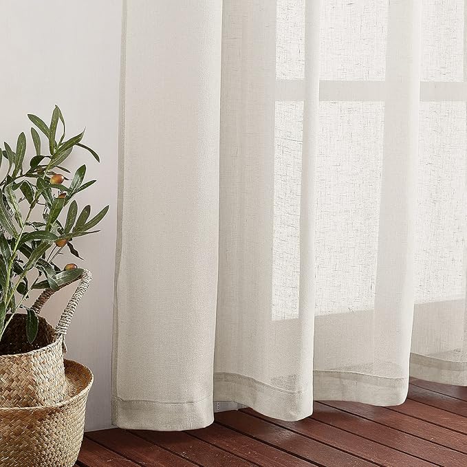 NICETOWN Linen Sheer Curtains 63 inch Length for Bedroom, Grommet Top Linen Blend Semi Sheer Privacy Window Treatment Light Filtering for Living Room, Natural, 52" W x 63" L, Set of 2
