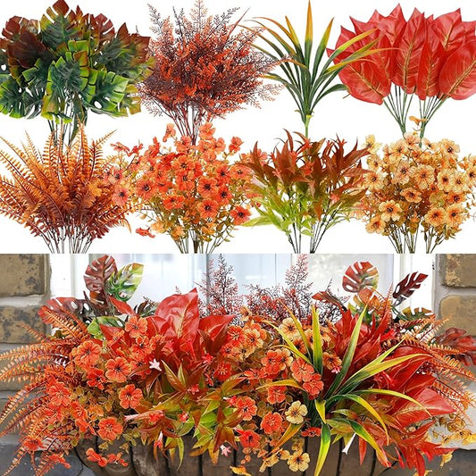 20 Bundles Artificial Fall Flowers for Outdoor Decoration, Fake Plants Faux Mums Flowers UV Resistant Daisy Boston Fern Fall Stems for Autumn Planters Window Box Garden Porch Indoor Home Decor