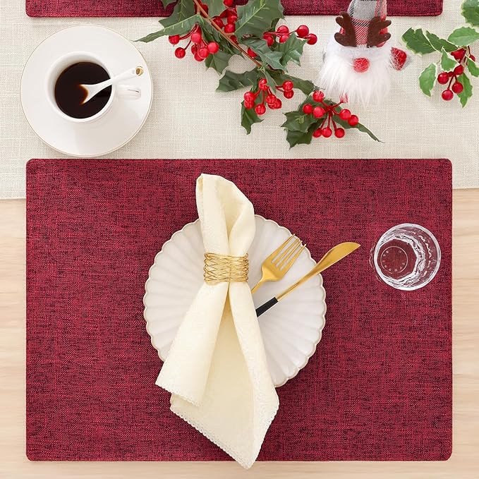 homing Red Cloth Placemats Set of 4 – Cotton Linen Blend Washable Farmhouse Dining Table Mats for Christmas, Easy to Clean, 13 x 19 Inch