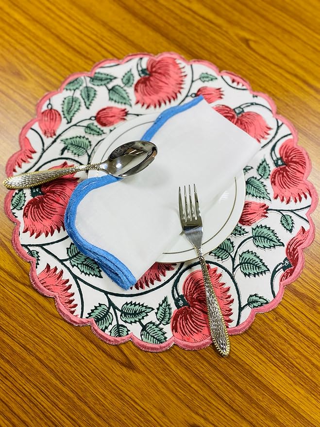 Ridhi Coral and Turquoise Green Bo-ho Round Place Mat Double Layer Floral Cotton Washable Placemats 15" Round Embroidery Block Print Table Mat Pack of 4-15 Inch Round