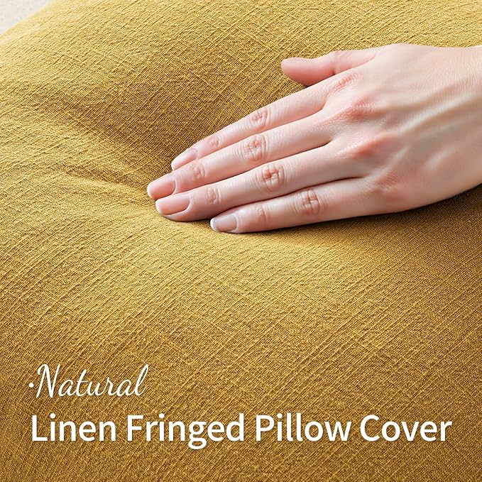 MIULEE Decorative Throw Pillow Covers Neutral Linen Fringe Throw Pillows Set of 2 Mustard Yellow Boho Farmhouse Cushion Covers with Tassels for Couch Sofa Bed Living Room Spring Home Decor 20x20 Inch