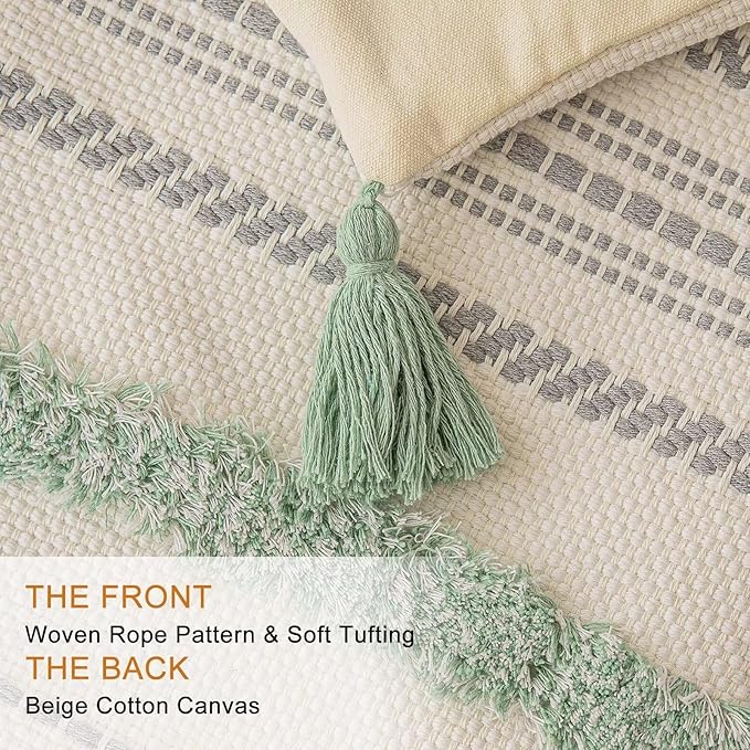 Boho Throw Pillow Covers 12x20 Set of 2 Woven Tufted Farmhouse Pillows Cover with Tassels Textured Striped Cushion Case Lumbar Pillow Cases Decorative Pillowcase for Couch, Bed, Light Green