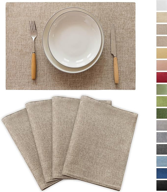 Demetex Linen Placemats Set of 4 Heat Resistant Wipeable Cloth Table Place Mats for Dining Table Indoor Restaurants, 13 x 19 inches, Linen