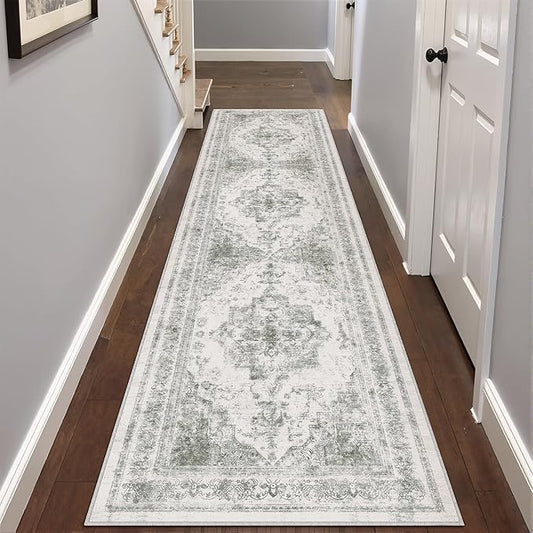 Runner Rug 2x8 Washable Gray Hallway Runner Vintage Boho Medallion Non Slip Grey Distressed Retro Carpet Indoor Low Pile Long Soft Rug for Kitchen Entryway Bedroom Bathroom Laundry