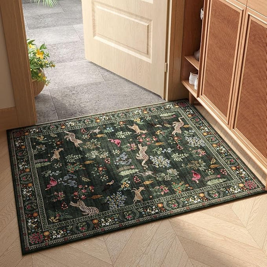 Door Mat Indoor Entrance 2x3 Rug Machine Washable Boho Floral Animal Small Area Rug Non-Slip Low Pile Throw Rugs for Entryway, Kitchen, Front Door Indoor Entrance, Entry, Kids Room (Green)