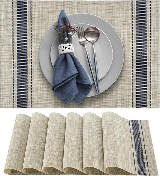 More Décor Dining Table Placemats, Washable Heat-Resistant PVC Vinyl Table Mats for Dining Room and Kitchen, Anti-Slip - Set of 6 - Vertical Striped Blue - Grey