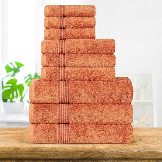Superior Egyptian Cotton 9-Piece Towel Set, Assorted Towels for Home Bathroom, Master Bath, Decor Essentials, Includes 3 Bath, 3 Hand, 3 Face Towels/Washcloths, Quick Dry, Absorbent, Caramel Brown