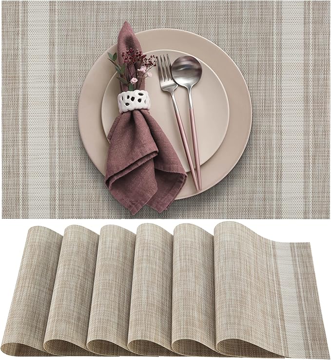 More Décor Dining Table Placemats, Washable Heat-Resistant PVC Vinyl Table Mats for Dining Room and Kitchen, Anti-Slip - Set of 6 - Vertical Striped White - Grey