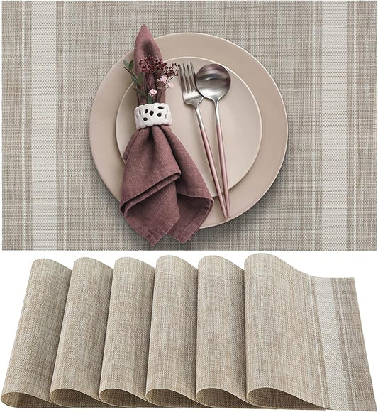 More Décor Dining Table Placemats, Washable Heat-Resistant PVC Vinyl Table Mats for Dining Room and Kitchen, Anti-Slip - Set of 4 - Vertical Striped White - Grey