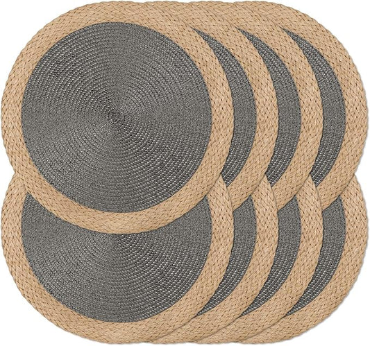Noctiflorous Round Braided Placemats Set of 8 Table Mats 15 Inches Washable Heat Resistant for Dining Table Non-Slip Indoor Outdoor Place Mats for Thanksgiving Christmas Easter(Grey Wide Edge 8)