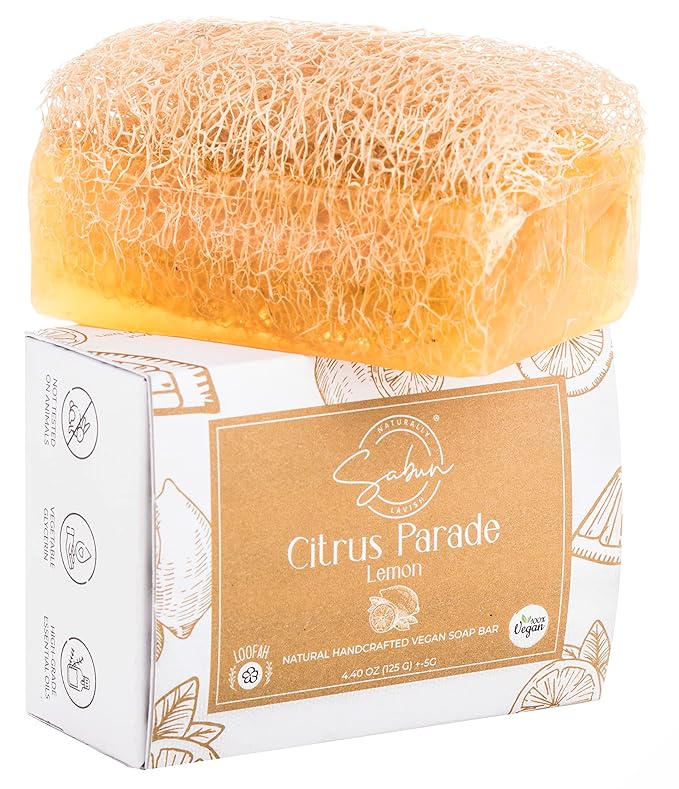 SABUN CO. Lemon Soap - Lemon Oil Loofah Soap - Natural, Handmade, Moisturizing, Exfoliating Luffa Soap | Face & Body Scrub Bar | for Dark Spots, Fine Lines, Athlete’s Foot [4.4 oz - 125 gr]