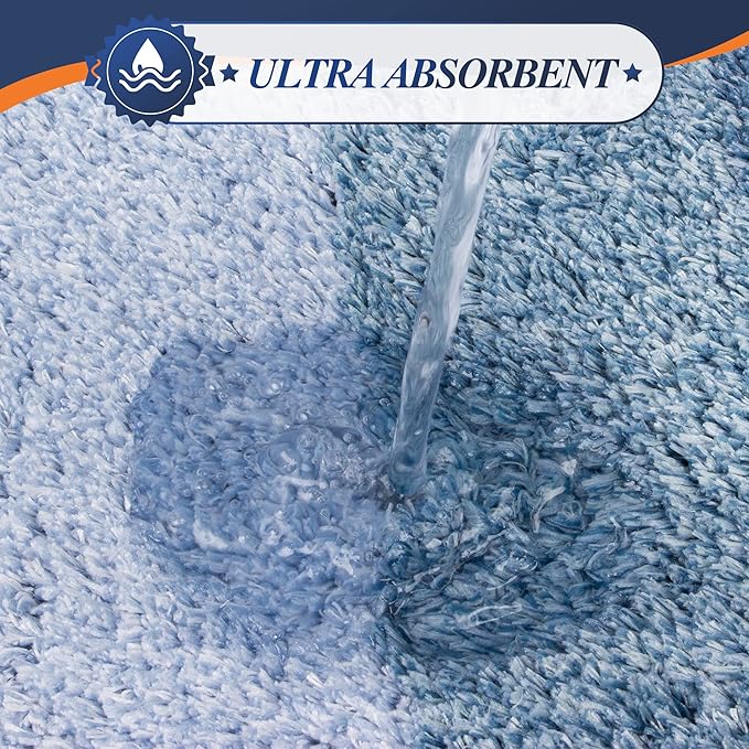 Walensee Bathroom Contour Rug (20 x 24, Ombre Blue) Non-Slip Water Absorbent Soft Microfiber Shaggy Bath Mat - Machine Washable U Shape Toilet Rug