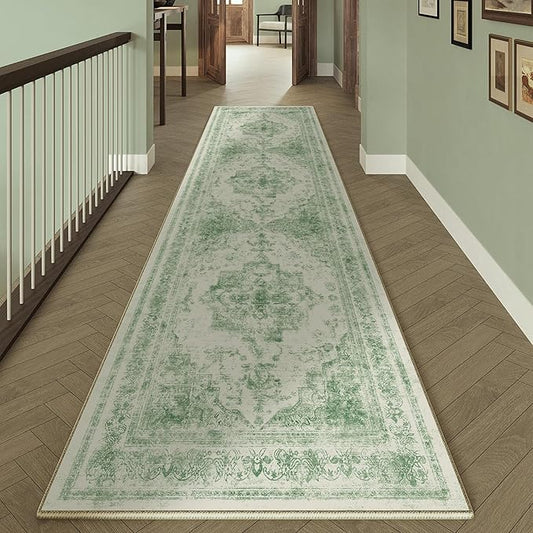 Runner Rug 2x8 Washable Green Hallway Runner Vintage Boho Medallion Non Slip Distressed Retro Carpet Indoor Low Pile Long Soft Rug for Kitchen Entryway Bedroom Bathroom Laundry