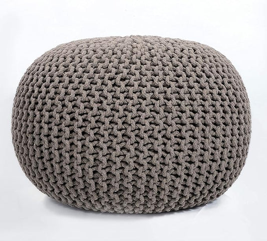 FRELISH DECOR Round Pouf Ottoman Hand Knitted 100% Cotton Pouf - Foot Stool - Knitted Bean Bag - Floor Chair for Living Room Bedroom - Foot Rest for Couch (20 Diameter x 14 Height) - Beige