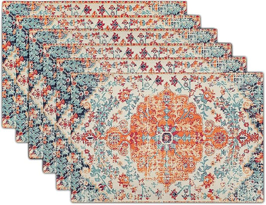 Ethnic Boho Placemats Set of 6 Southwest Orange Blue Teal Carpet Woven Texture Linen Washable Kitchen Dining Table Mats Stain Heat-Resistant Desktop Decor Place Mats for Home Party Indoor 12x18 inch