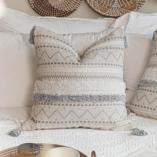 Gray Decorative Throw Pillow Cover 20x20 Square Boho Neutral White Accent Pillowcase Tassels Farmhouse Cushion for Couch Sofa Bedroom Living Room Home Décor (Cover ONLY, Pack of 1)