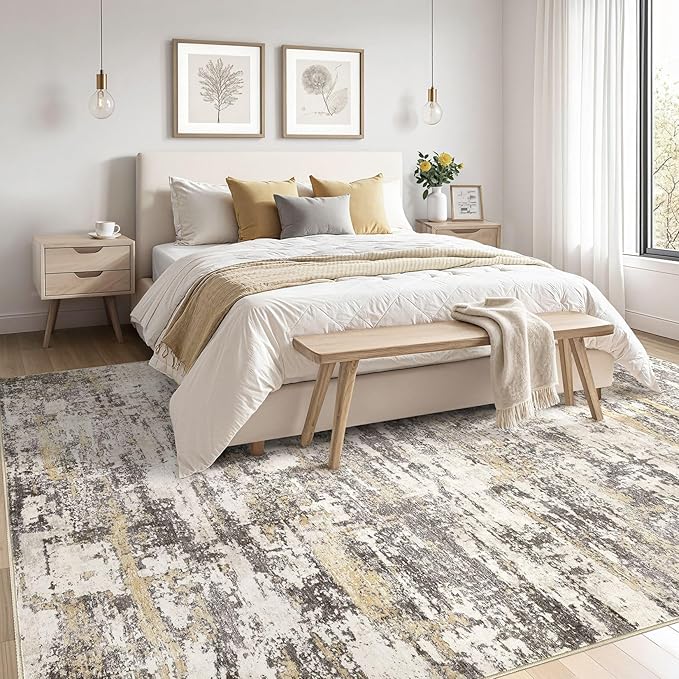 Area Rugs for Living Room: 10x12 Abstract Washable Rug Modern Neutral Large Soft Stain Resistant Non-Slip Backing Machine Table for Bedroom Dining Room Indoor Home Office Carpet - Gold Brown