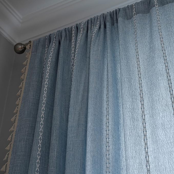 Sutuo Home Boho Curtains for Bedroom 63 Inch Length, Light Filtering French Country Farmhouse Vintage Shabby Chic Tassels Window Treatment Bohemian Drape, 1 Panel 52" W x 63" L, Blue