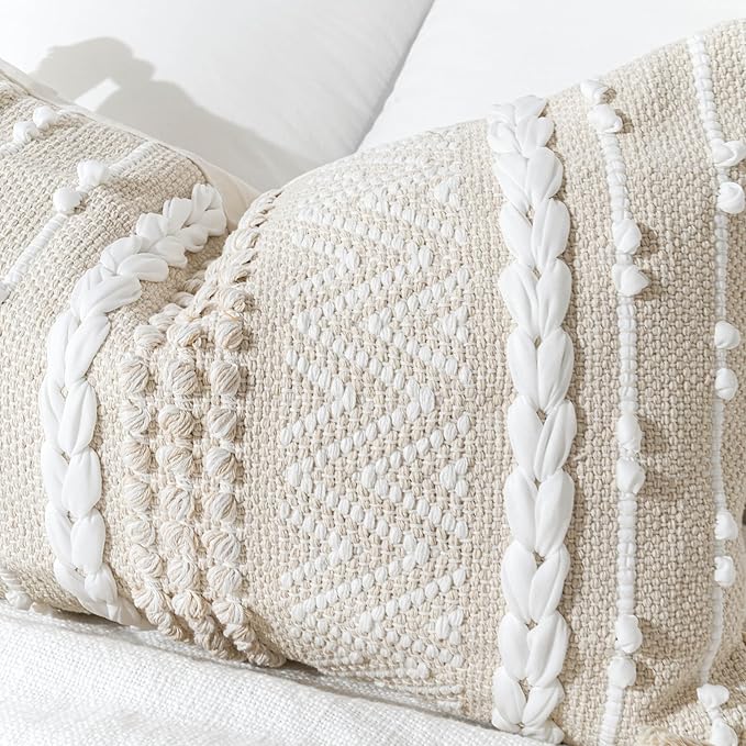 Decorative Lumbar Pillow Cover 14x24, Cream White Boho Accent Throw Pillow Case for Couch Sofa Bed, Modern Farmhouse Textured Lumbar Cushion Bedroom Living Room, Cover ONLY