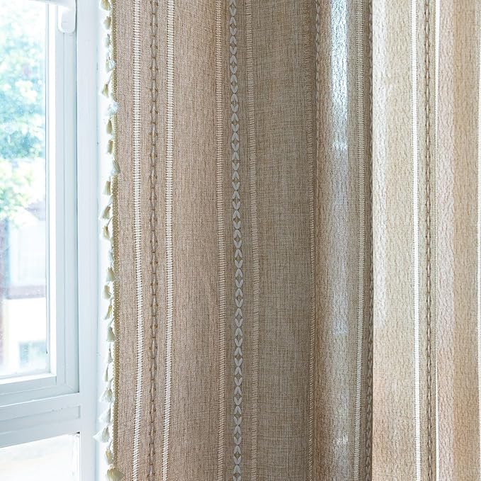 Sutuo Home Boho Curtains for Bedroom Living Room 90 Inch Length, Light Filtering French Country Farmhouse Vintage Shabby Chic Tassels Hollow Window Treatment Bohemian Drape 1 Panel 52"W x 90"L Natural