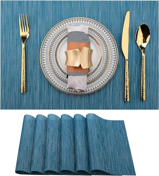 Vinyl Placemats Set of 6 - Easy Clean Place Mats - Washable Heat Resistant Table Mats for Dining Table - 17x12 Inch (Sky Blue Turquoise, 6)