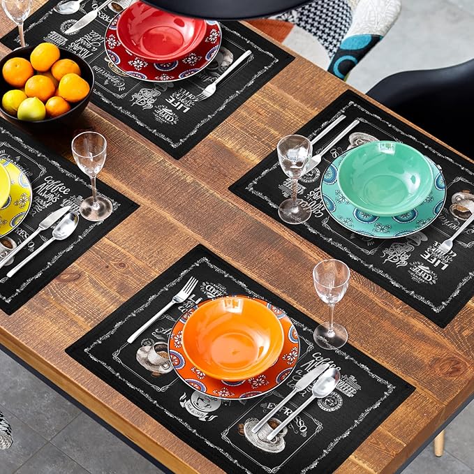 Giwawa Coffee Placemts Set of 4, 12"x18" Black Cafe Life Themed Coffee Beans Maker Espresso Cup Print, Washable Heat-Resistant Linen Placemats for Dining Table Party
