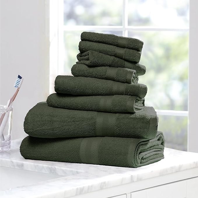 BOUTIQUO 8 Piece Towel Set 100% Ring Spun Cotton, 2 Bath Towels 27X54, 2 Hand Towels 16X28 and 4 Washcloths 13X13 - Ultra Soft Highly Absorbent Machine Washable Hotel Spa Quality - Olive Green