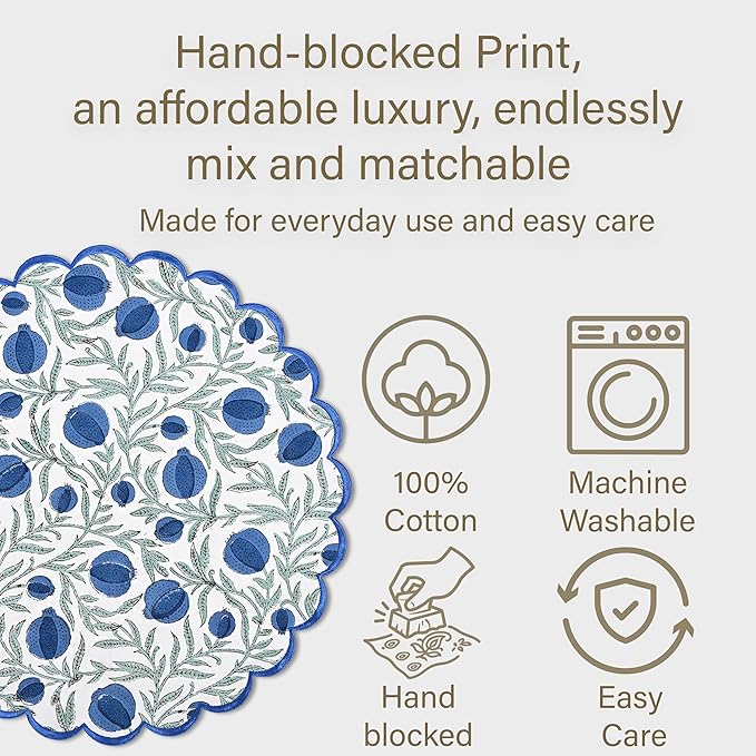 Ridhi Queen Blue Bo-ho Round Place Mat Double Layer Floral Cotton Washable Placemats 15" Round Embroidery Block Print Table Mat Pack of 4-15 Inch Round