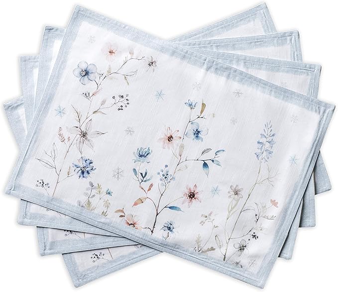 Maison d' Hermine Placemats Set of 4 100% Cotton Washable Cloth Place Mats, Reusable Table Mats for Kitchen Dining Decoration, Party, Wedding, Restaurant (Ice Florals, 13" x 19")