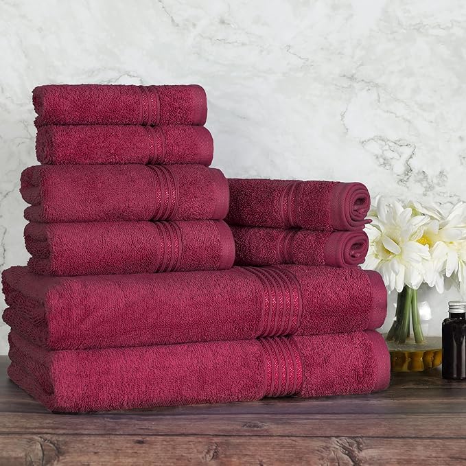 Superior Egyptian Cotton 8-Piece Towel Set, Assorted Towels for Home Bathroom, Guest Bath Decor Essentials, Includes 2 Bath, 4 Hand, 2 Face Towels/Washcloths, Quick Dry, Absorbent, Burgundy