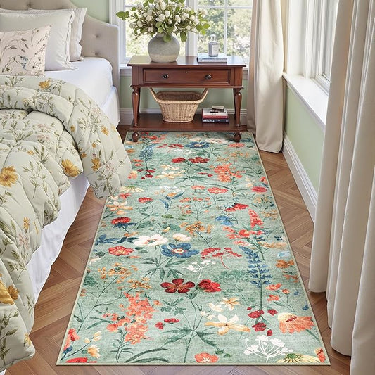 Floral Runner Rug 2x6 Washable Hallway Long Green Bedroom Carpet Non Slip Indoor Boho Kitchen Low Pile Accent Rug Lightweight Soft for Bathroom Dining Laundry Living Room