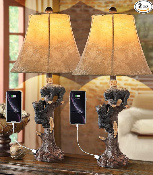 LOKHOM Climbing Bears Rustic Western Table Lamp Set of 2, 26" Rustic Bedside Lamp with USB & TypeC Charging Port, Natural Bears Table Lamp for Bedroom Living Room Foyer Office Valentine's Day Gift