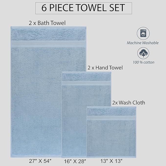 Quick-Dry, Soft & High Absorbent Bath Towels Cotton Turkish Bath Towel Set of 6 | Daily Use 100% Cotton Towels for Bathroom, Gym & More | Bathroom Towels Set (6 Pcs, Blue)