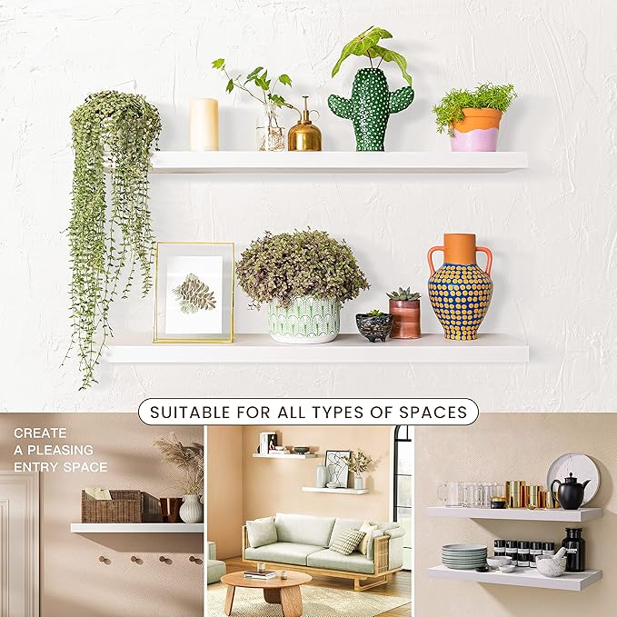 BATODA Set of 2 24" White Floating Shelves Wall Mounted for Bathroom – Wooden Decorative Wall Bookshelf - Storage Shelf Organizer for Home, Bedroom, Kitchen - Black Bracket, Shelving Mounting Included